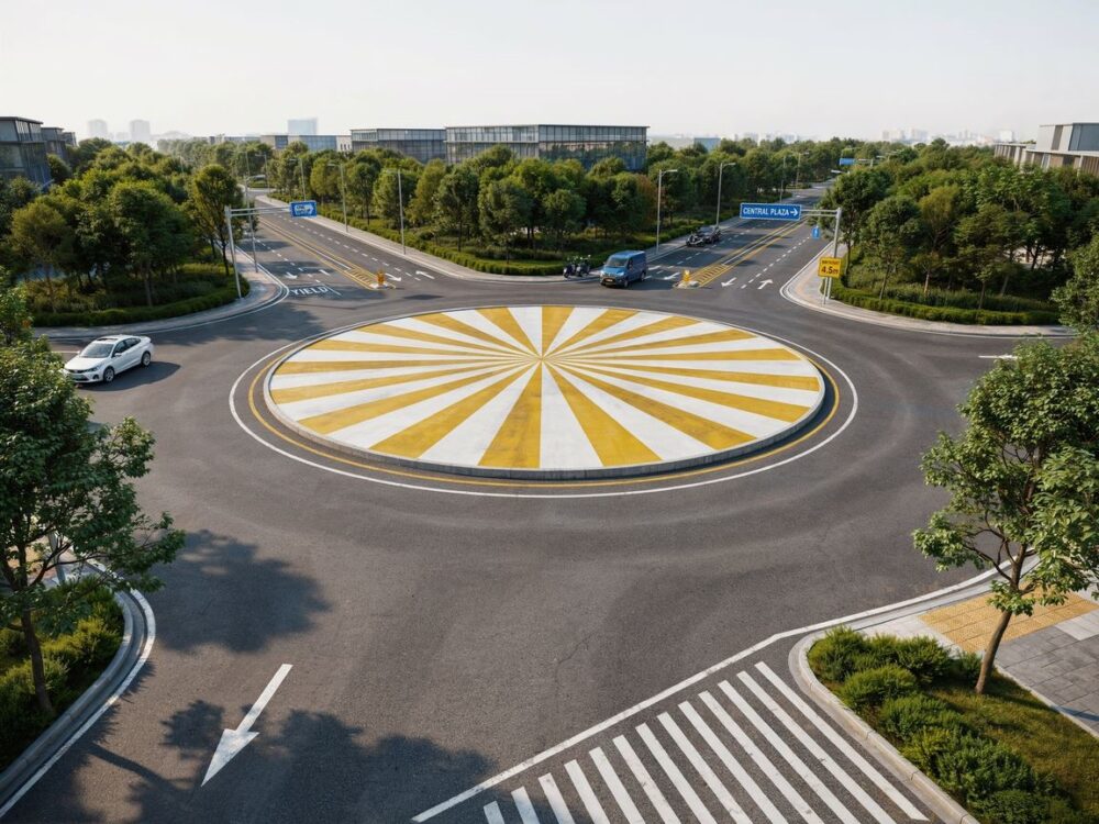znaki drogowe przy rondzie turbinowym